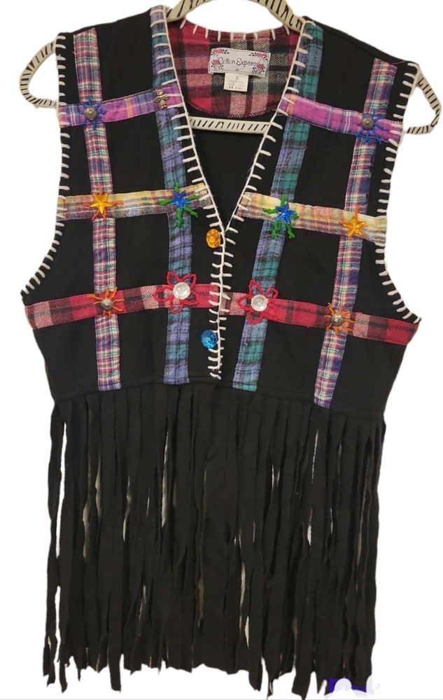 Vintage 80s 90s Y2K colorful fun funky Holidays Vest with Long Fringe size L